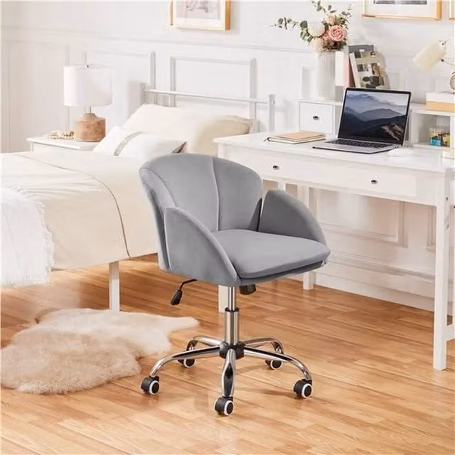 EONLION Grey Velvet Modern Office Task Chair with Armrests and 360 Degree Swivel