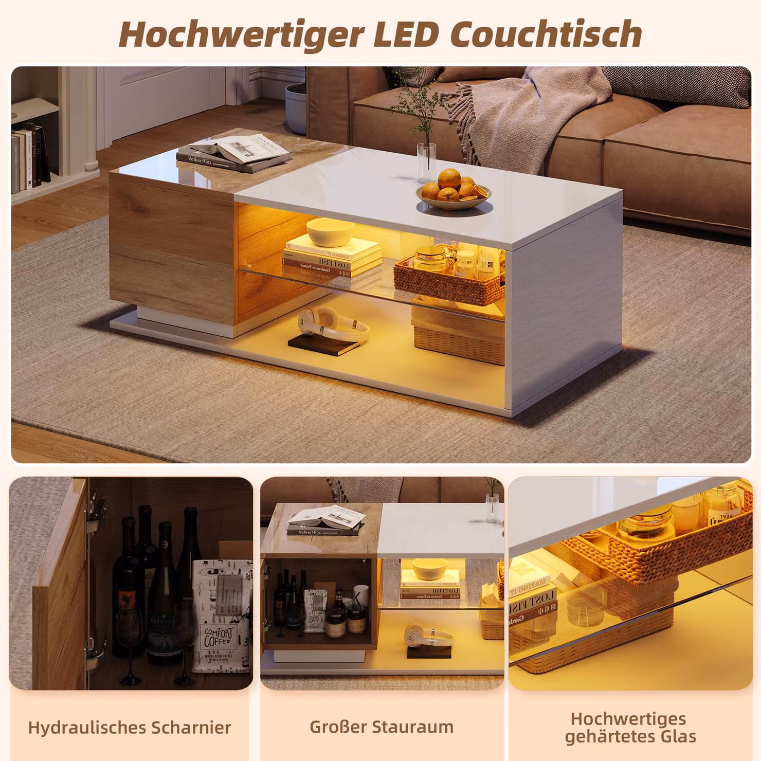 Aosom UK High-Gloss 2-Tier Coffee Table with App-Controlled LED Strip and Open Centre Storage, White and Wood, W: 105 cm, D: 50 cm, H: 36 cm – 4