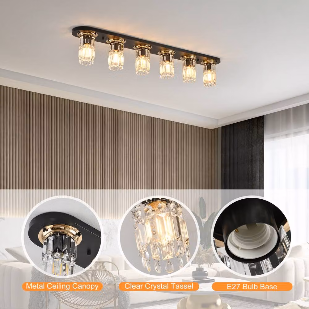 NIVOR 6 Light Crystal Linear Flush Mount Ceiling Chandelier in Black with Transparent Crystal and E27 Fittings, W: 120 cm – 5