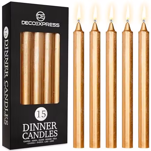 Deco Express Set of 15 Unscented Tapered Candles in Gold – 1