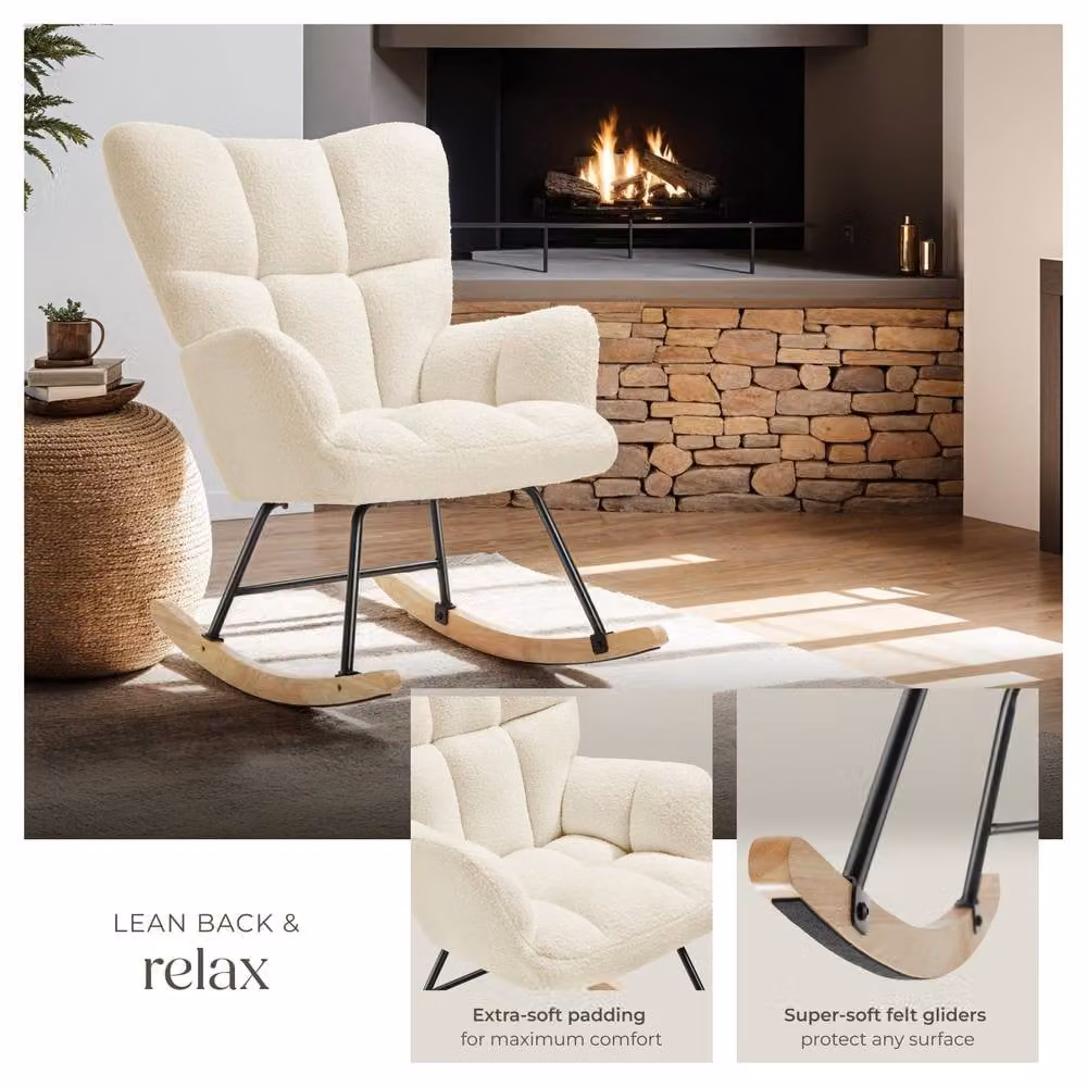 tectake Torve Rocking Chair with Beige Bouclé Fabric and Wooden Runners – 3