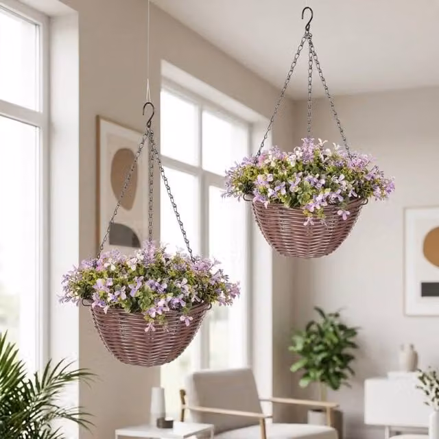 STILVORA Set of 2 Artificial Hanging Floral Baskets with Purple and Multicolour Flowers and Leaves – 1