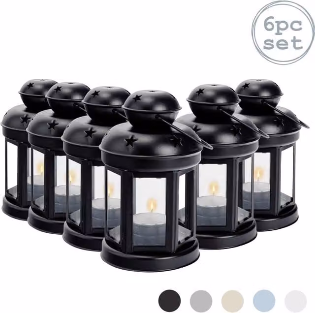 Nicola Spring Set of 6 Black Metal Hanging Tealight Lanterns, Height: 16 cm