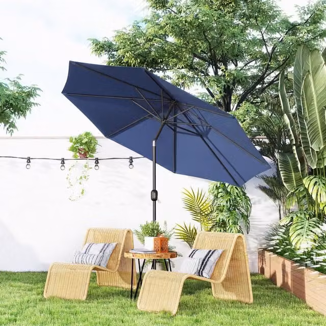 Outsunny Navy Blue Steel Patio Garden Umbrella with Tilt and Crank Mechanism