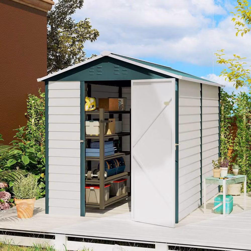 Rolipo Green Metal Garden Shed with Sloped Roof, Window and Lockable Door, W: 274.32 cm, D: 182.88 cm, H: 208.0 cm – 3
