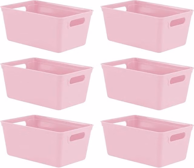 Simpa Set of 6 Plastic Studio Organiser Storage Trays with Handles, Pink, 4L, H: 11 cm x W: 17 cm x D: 25 cm