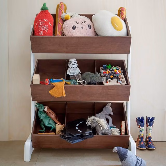 Oeuf NYC Toy Store Ladder Shelf in Walnut and Birch with Adjustable Shelves