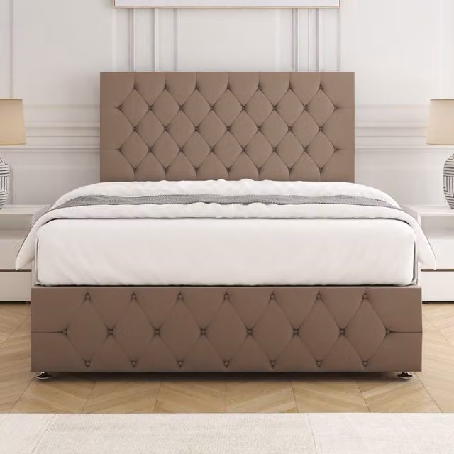 BSSPOKE Mulberry Super King Divan Bed with 24 inch Plush Headboard and Footboard in Bronze Velvet Fabric, W/D/H: 200 x 200 cm