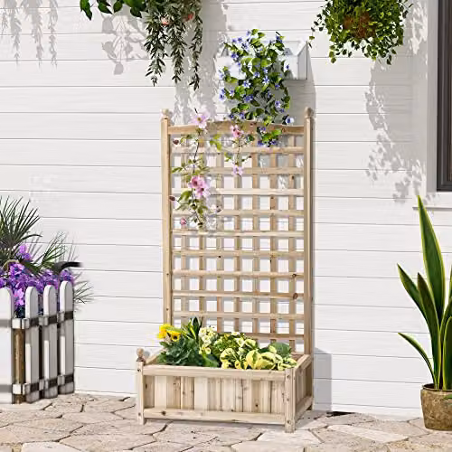 Outsunny Wooden Raised Garden Bed with Trellis, Brown, W: 64 cm, D: 28 cm, H: 120 cm – 2
