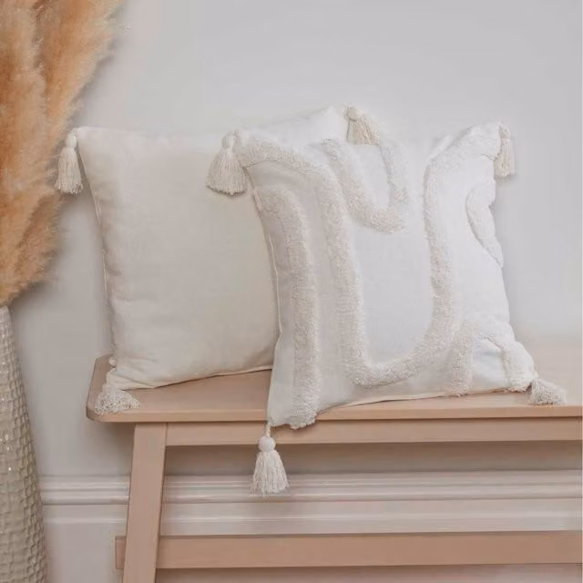 Rapport Home Cabana Tufted Square Cushion Cover in Beige, Yellow and White, W/D/H: 43 x 43 x 43 cm