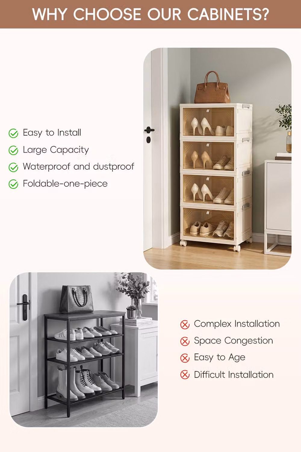 Living and Home 4-Tier Foldable Shoe Cabinet with Wheels in Beige – 2