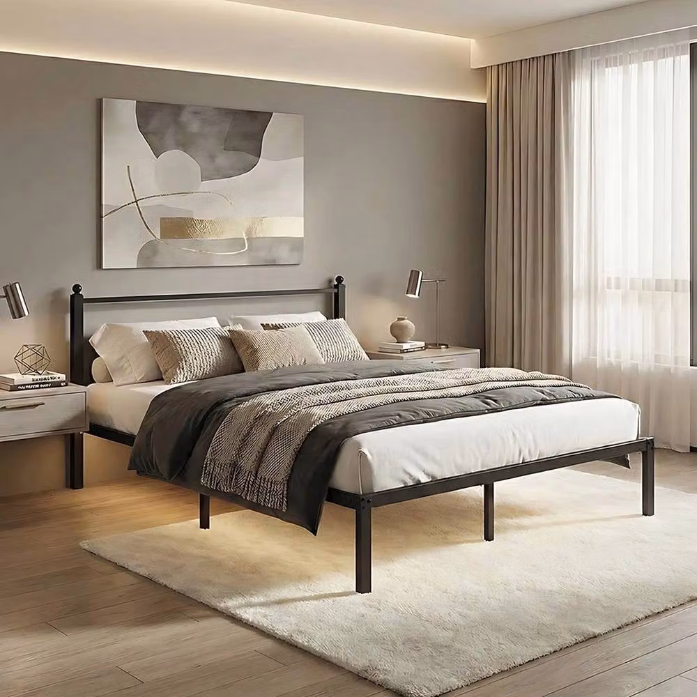 VOGREX Modern Metal Double Bed Frame with Headboard, Black, W/D/H: 140 x 190 x 132 cm – 2