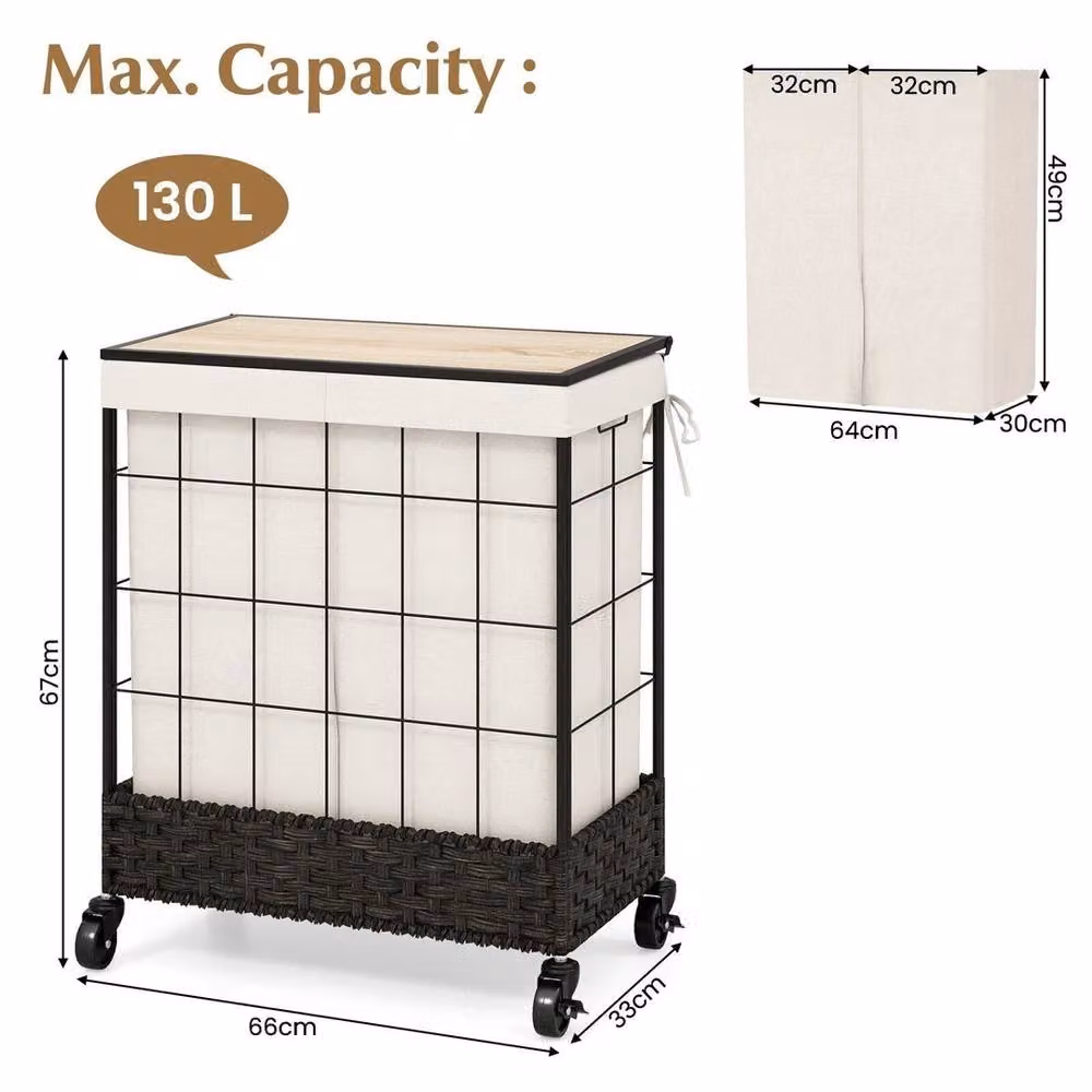NESTLUNE Handwoven Black Laundry Hamper with Lid and Wheels, 130L Capacity, W/D/H: 67 x 42.1 x 66 cm – 2