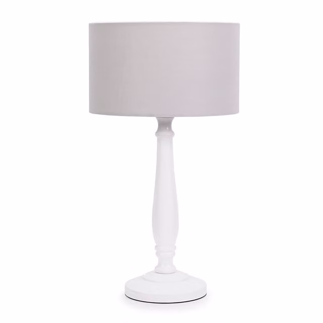 ValueLights Victoria White Table Lamp with Grey Fabric Drum Shade and Wood Base