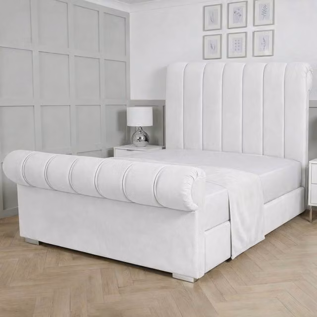 Living Comfort Bedz Orion Plush Velvet Upholstered Bed with Slatted Base and 48 Inch Headboard, White, W/D/H: 140 x 200 cm, Double