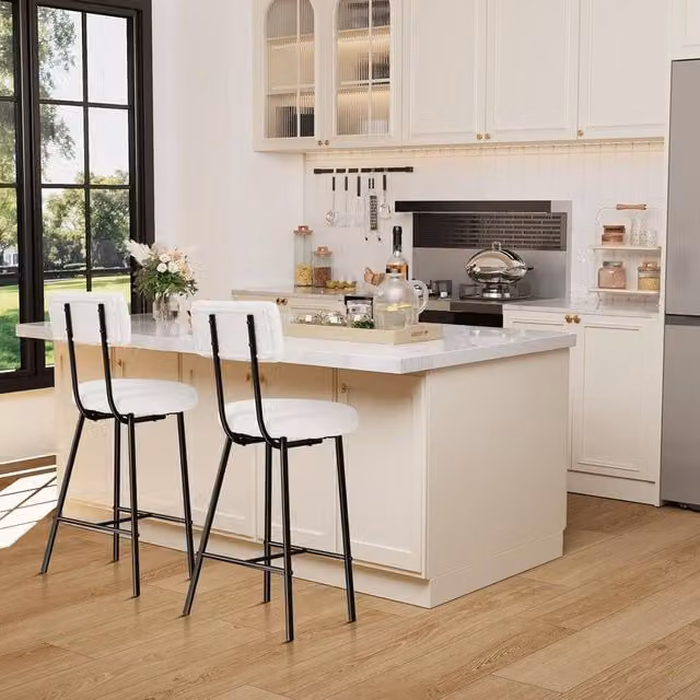 London Boutique Set of 2 Modern Counter Height Bar Stools in Off-White Bouclé Fabric