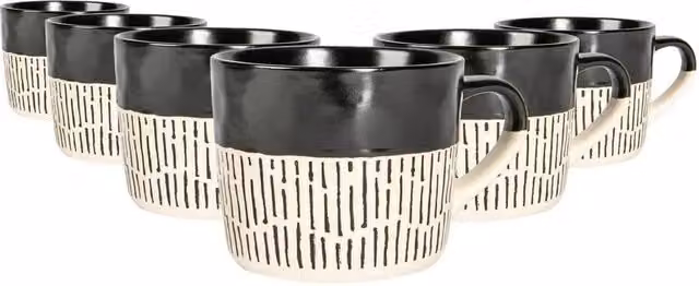Nicola Spring Set of 6 Black Dipped Dash Stoneware Coffee Mugs, 450 ml – 1