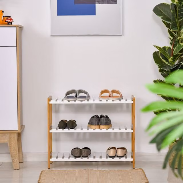HOMCOM 3-Tier Freestanding Shoe Rack with Slatted Shelves in White and Brown