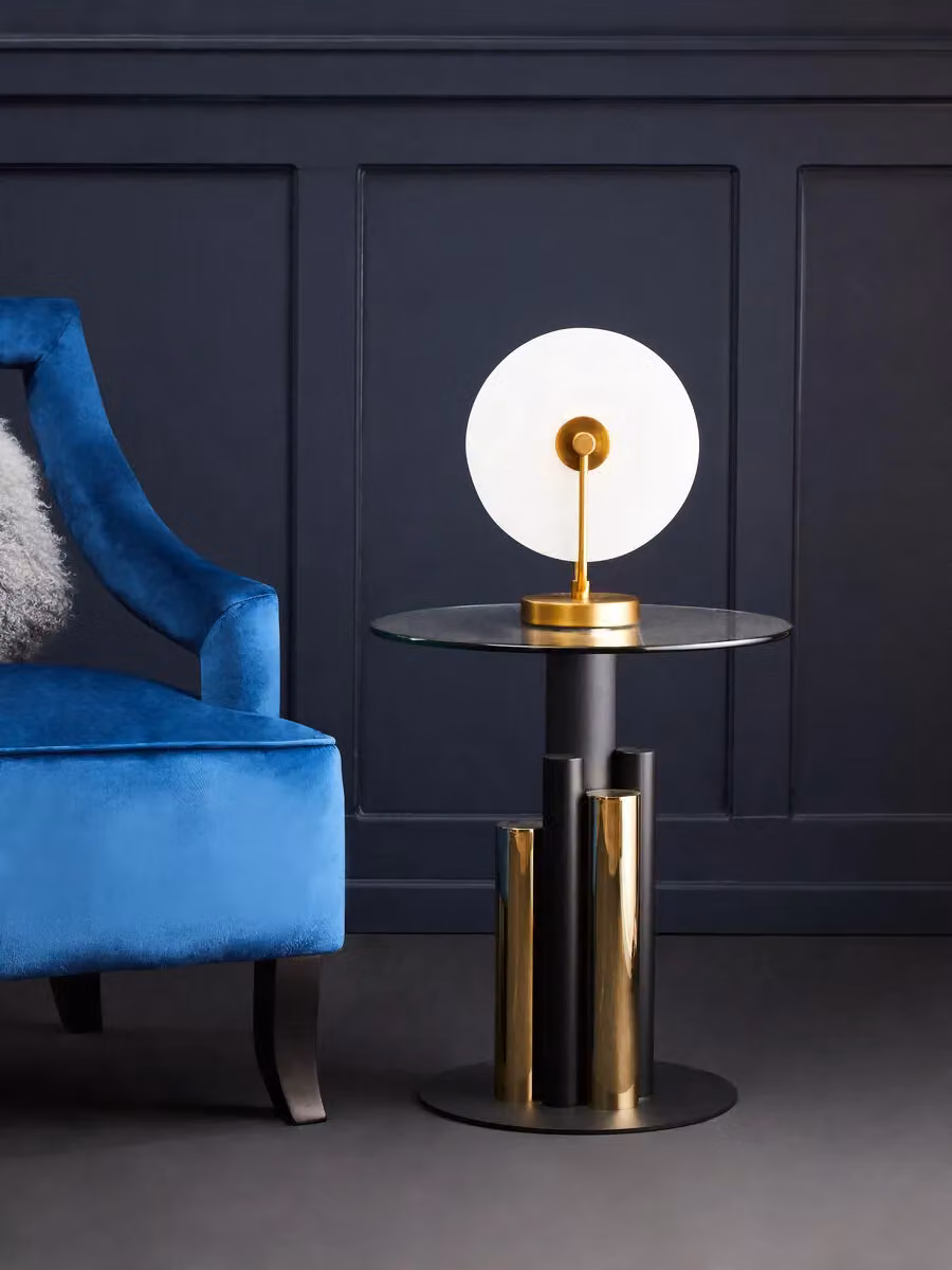Fifty Five South Orsina Modern Round Glass Side Table with Black and Gold Central Column Base – 2
