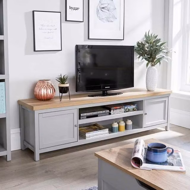 Home Source Modern 2 Door TV Stand Unit with Storage Cabinet and Open Shelving in Grey – 1