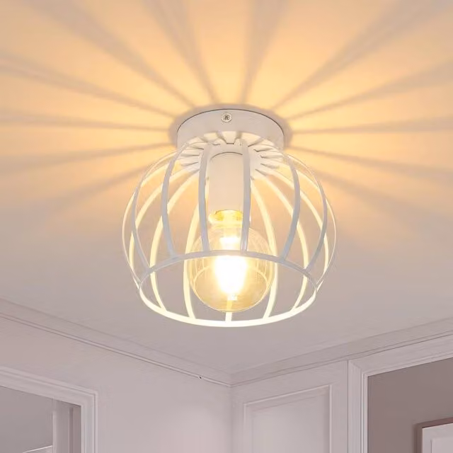 COMELY Industrial Metal Cage Ceiling Light, White Vintage E27 Chandelier