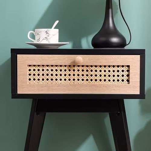 SPOT ON DEALZ Black Rattan Bedside Table with Drawer and MDF Wood Frame, W/D/H: 30 x 40 x 50 cm – 3