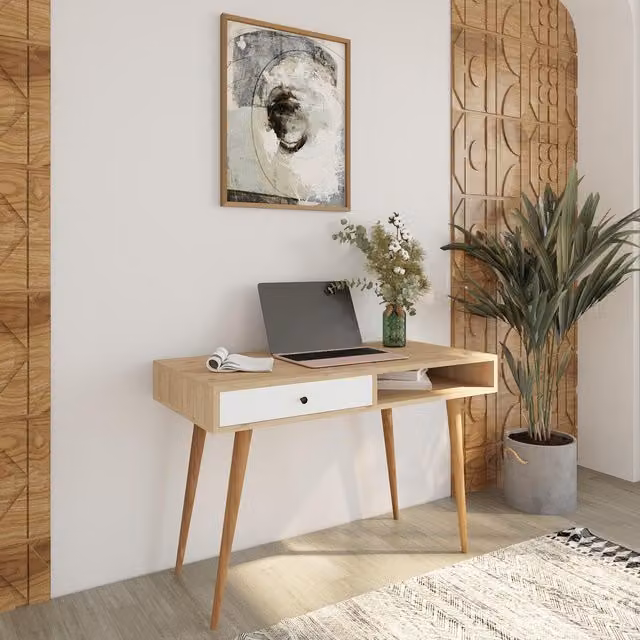Bimossa Janus Modern Computer Desk in Oak Brown, W/D/H: 114 x 56 x 76 cm