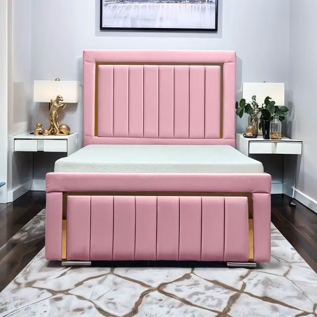 UK Bed Furniture Princess Pink Velvet Upholstered Single Bed with 48 Inch Panel Headboard, W/D/H: 90 x 190 cm