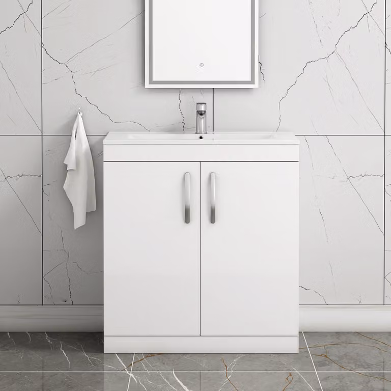 Royal Bathrooms Turin 2 Door Floor Standing Bathroom Vanity Unit in White Glossy MDF with Soft Close Hinged Doors