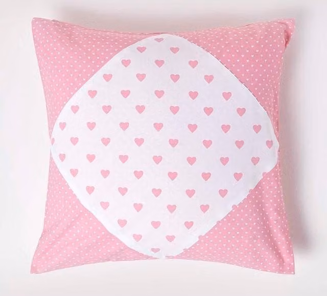 Homescapes Cotton Hearts and Polka Dots Cushion Cover in Pink and White, W/D/H: 45 x 45 x 45 cm