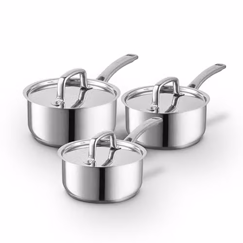 Sur La Table Core 3 Piece Stainless Steel Saucepan Set with Lids in Silver, Induction Compatible