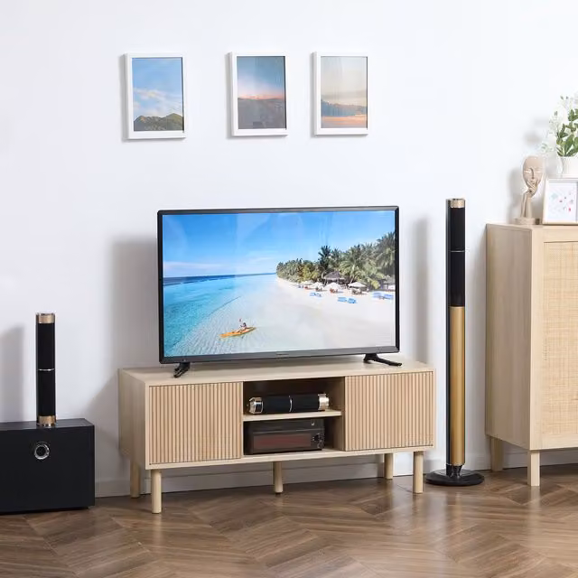 HOMCOM Modern TV Stand Cabinet with Storage Shelves in Natural Wood Finish Brown, Yellow and Beige