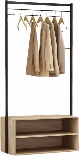 Pirlo Plush Oak and Black Minimalist Clothes Rail with Wood and Metal Construction, H: 170 cm, W: 82.4 cm, D: 40 cm