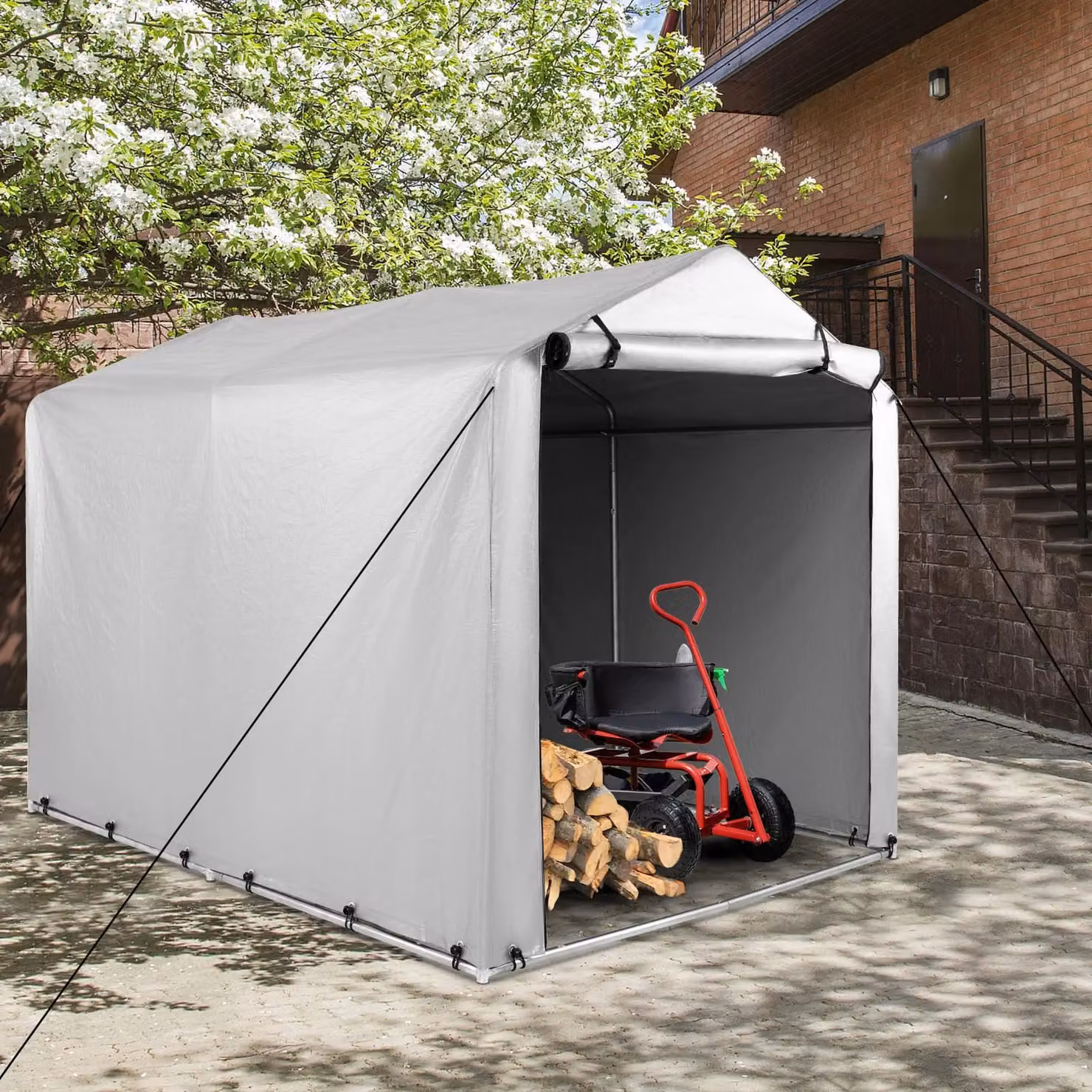 Costway Outdoor Storage Shed in Grey, Galvanised Steel Gable Garage Shelter, W: 160 cm, D: 218 cm, H: 164 cm – 5