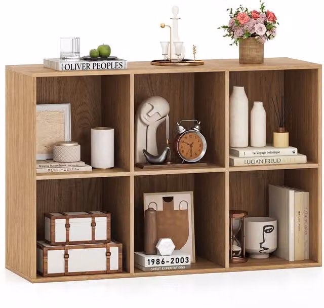 COSTWAY Modern 3 Tier Cube Storage Organizer Bookcase in Grey and Brown Wood