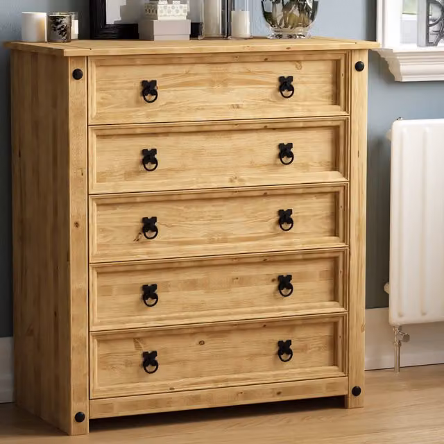 Vida Designs Corona Rustic 5 Drawer Chest in Brown Pine with Dovetail Construction