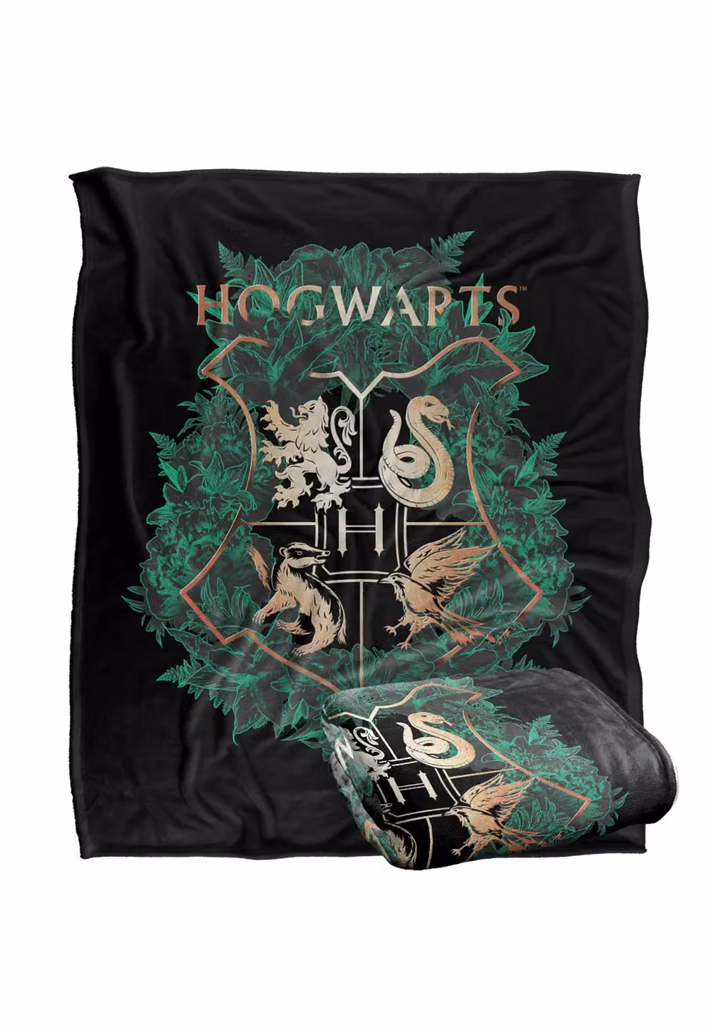 Warner Brothers Harry Potter Hogwarts Green and Gold Floral Crest Fleece Throw Blanket, W/D/H: 152 x 127 cm, White – 6