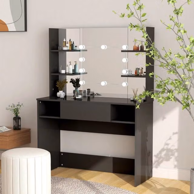 Berkfield Home Modern Makeup Table with Hollywood LED Lights in Black, W/D/H: 100 x 40 x 135 cm – 1