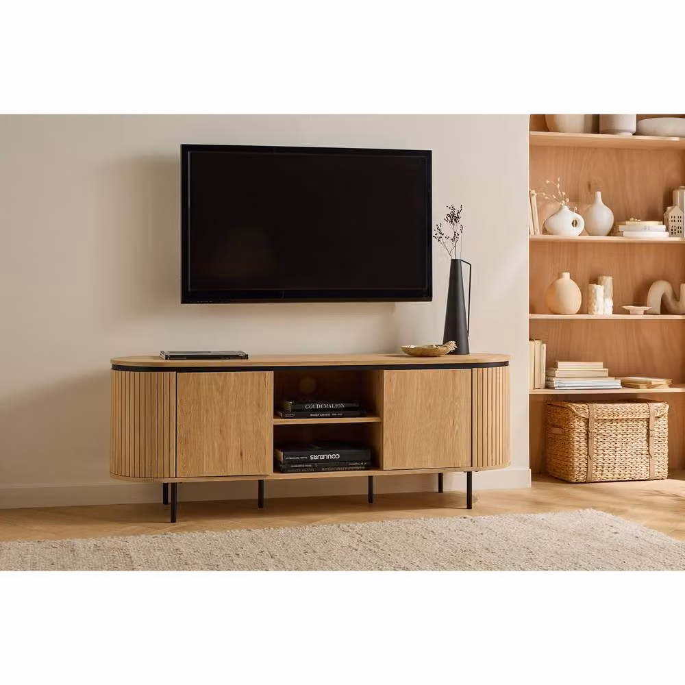 CALICOSY Malaga 2-Door TV Stand with Grooved-Effect Sides in Light Brown, W/D/H: 150 x 40 x 55 cm – 5