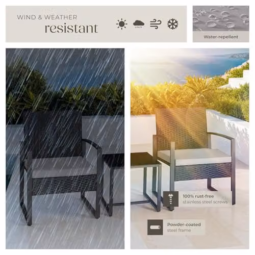 tectake 3 Piece Rattan Bistro Set with Glass Top and Metal Frame in Grey and Black – 6