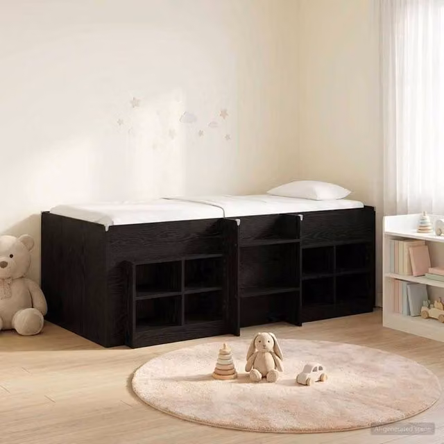Berkfield Home Modern Loft Bed Frame with Side Compartment Cabinet in Black Engineered Wood