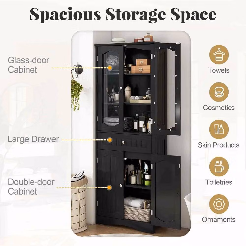 KORVIXA Modern Freestanding Black Linen Cabinet with Glass Doors and 2 Internal Shelves, W: 70 cm, H: 75 cm – 3
