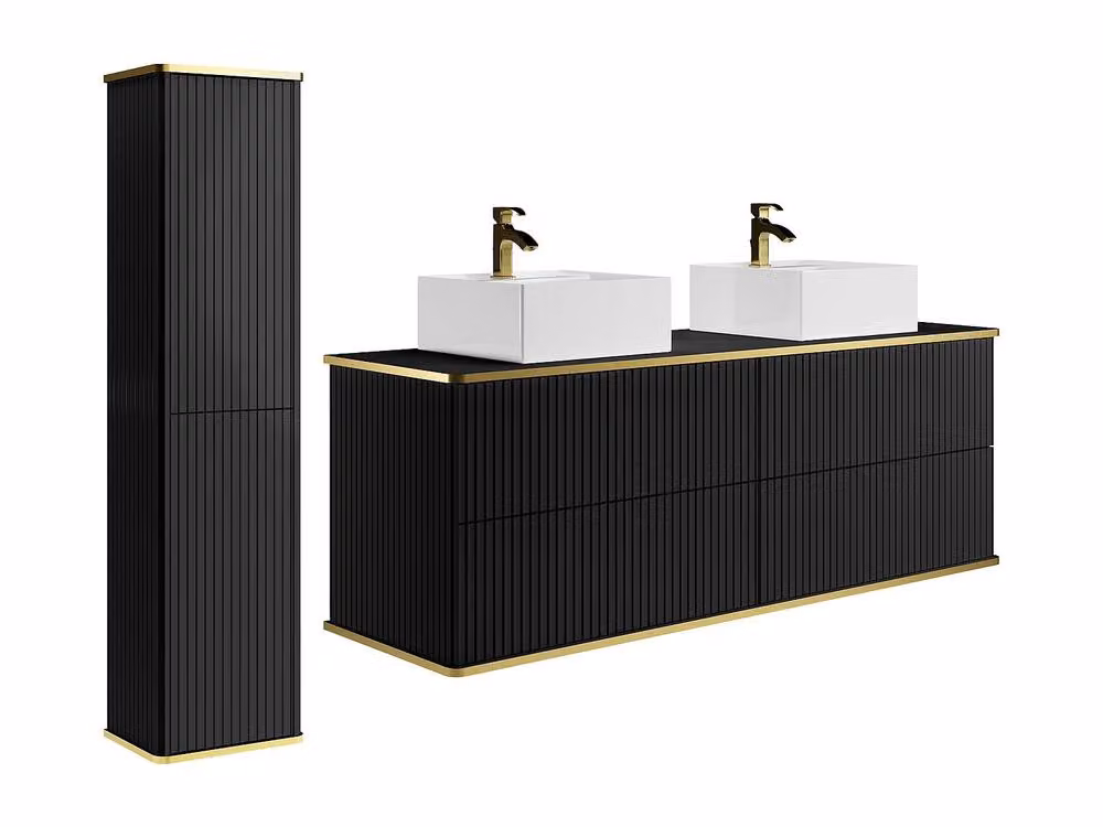 Vente-unique Modern Wall-Mounted Ribbed Bathroom Furniture with Double Countertop in Black and Gold – 2