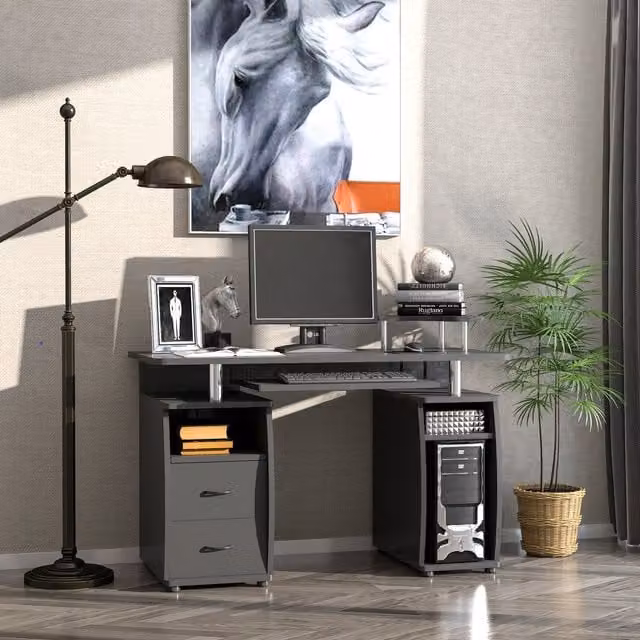 HOMCOM Modern Multi Storage Computer Work Desk with Keyboard Tray in Black and Grey