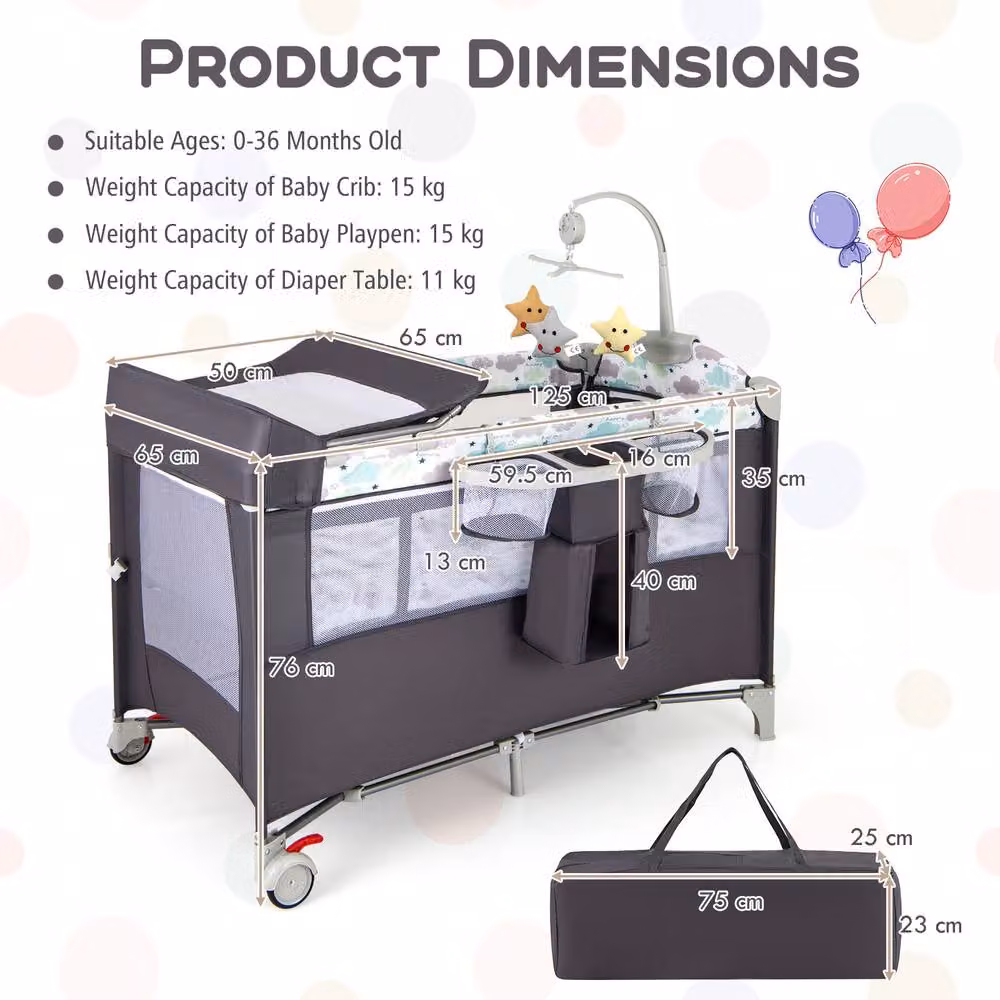 CASART Pack & Play Foldable Baby Nursery Center with Diaper Changing Table in Grey – 2