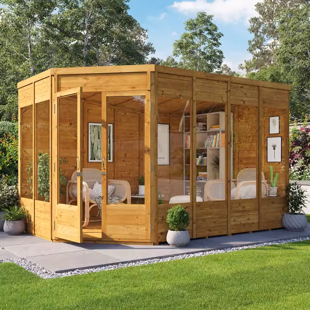 BillyOh Renna Tongue and Groove Corner Summerhouse in Brown with Pent Roof and Left-Hand Doors