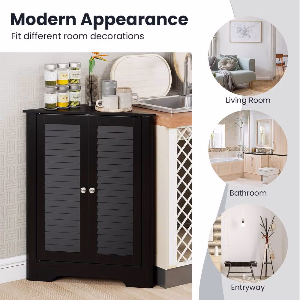 Gymax Freestanding Corner Storage Cabinet with Double Roll Shutter Doors in Black – 8