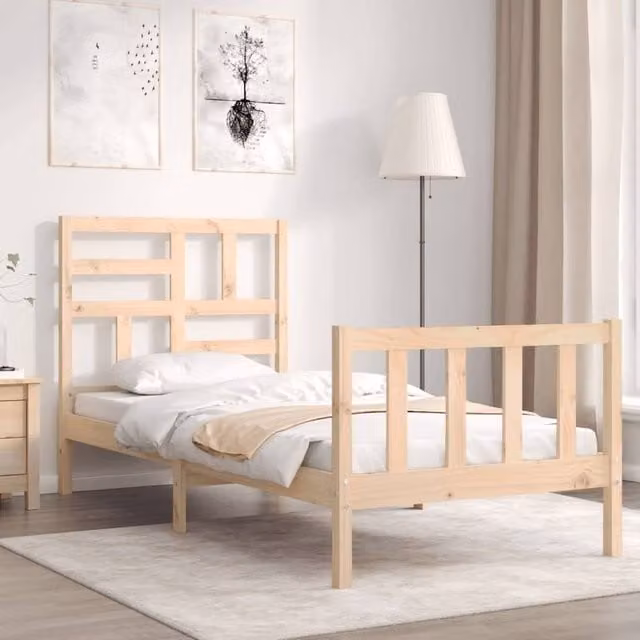 Berkfield Home Small Single Solid Wood Bed Frame with Headboard in Brown, 90 x 190 cm