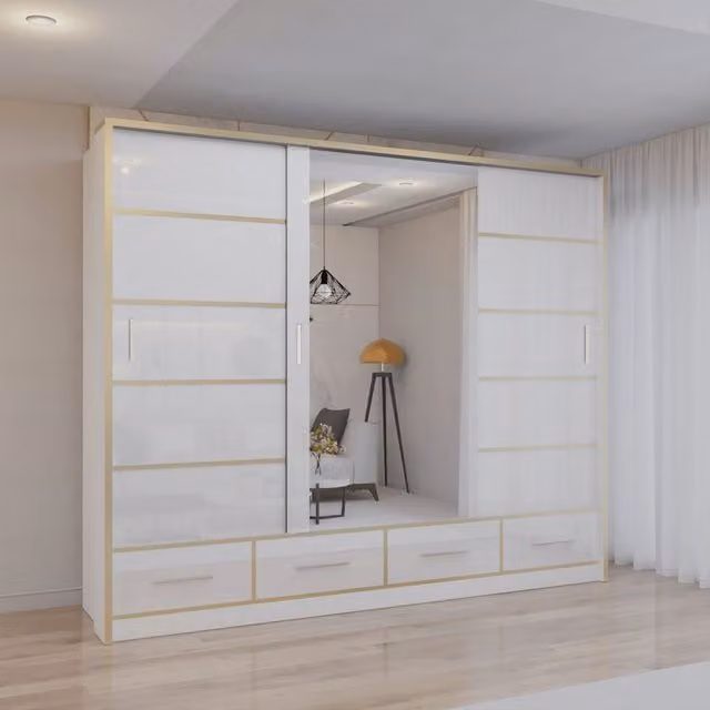 Sliding Wardrobes 4U Modern High Gloss Sliding Wardrobe with Integrated LED Light in White, W: 253 cm, H: 220 cm