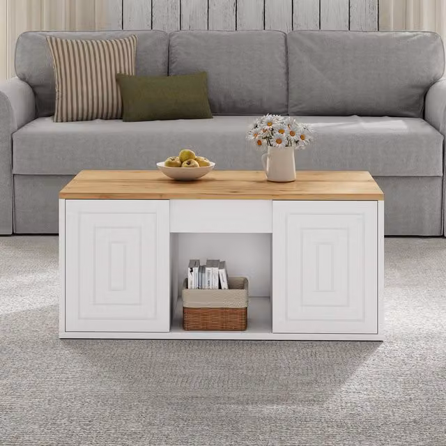 Aosom UK Height-Adjustable Minimalist Coffee Table with Hydraulic Lift and Shelves, White, W: 46 cm, D: 46 cm, H: 45 cm